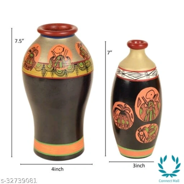 Earthen Vases Handpainted in Madhubani Tattoo Art Material: Handicraft - Black, Handmade, Pack Of 2